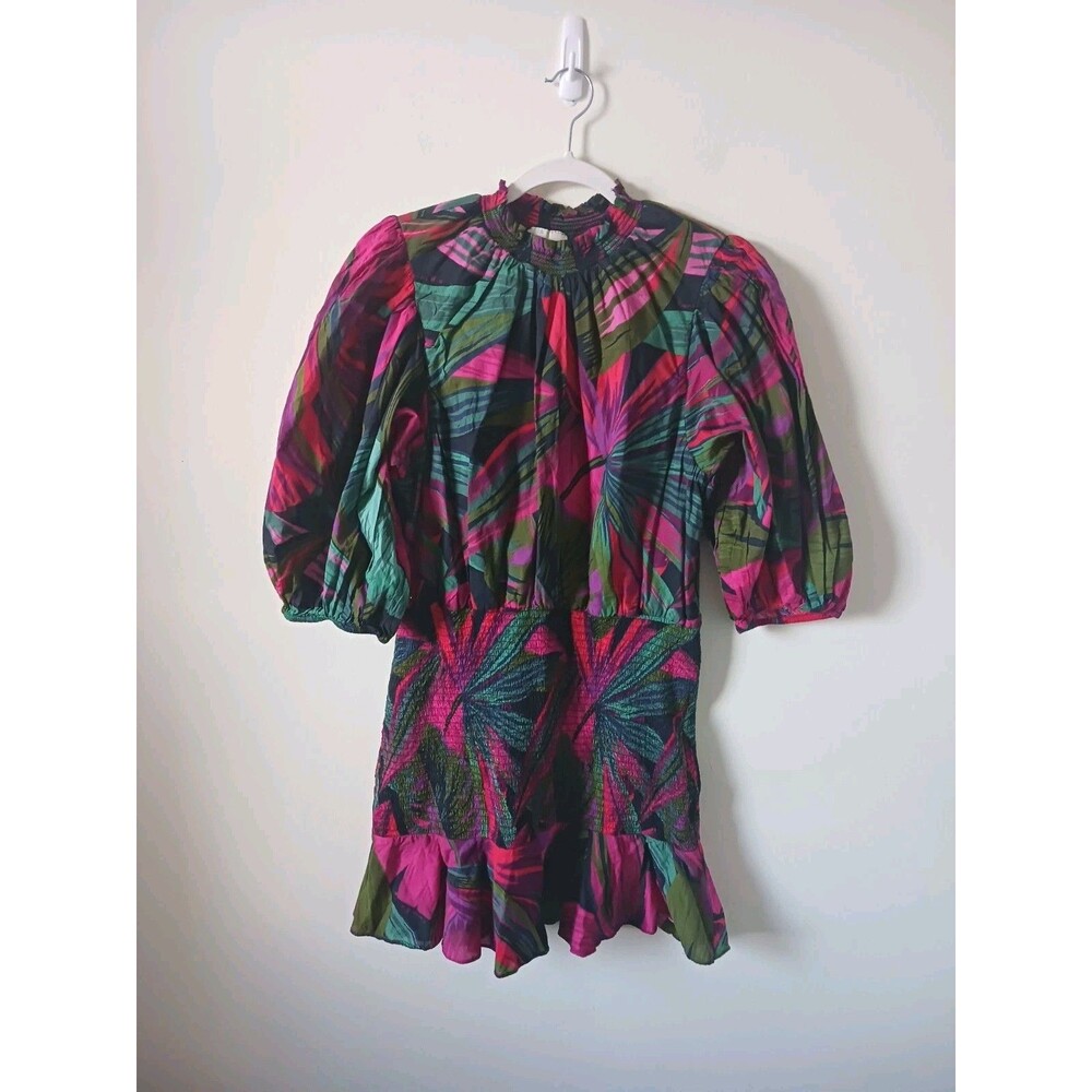 Farm Rio Anthropologie Midnight Leaves Mini Dress Womens‎ L Puff Sleeve